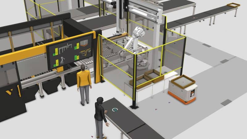 3D-Fabriksimulation mit Werkern, AGVs und Robotern